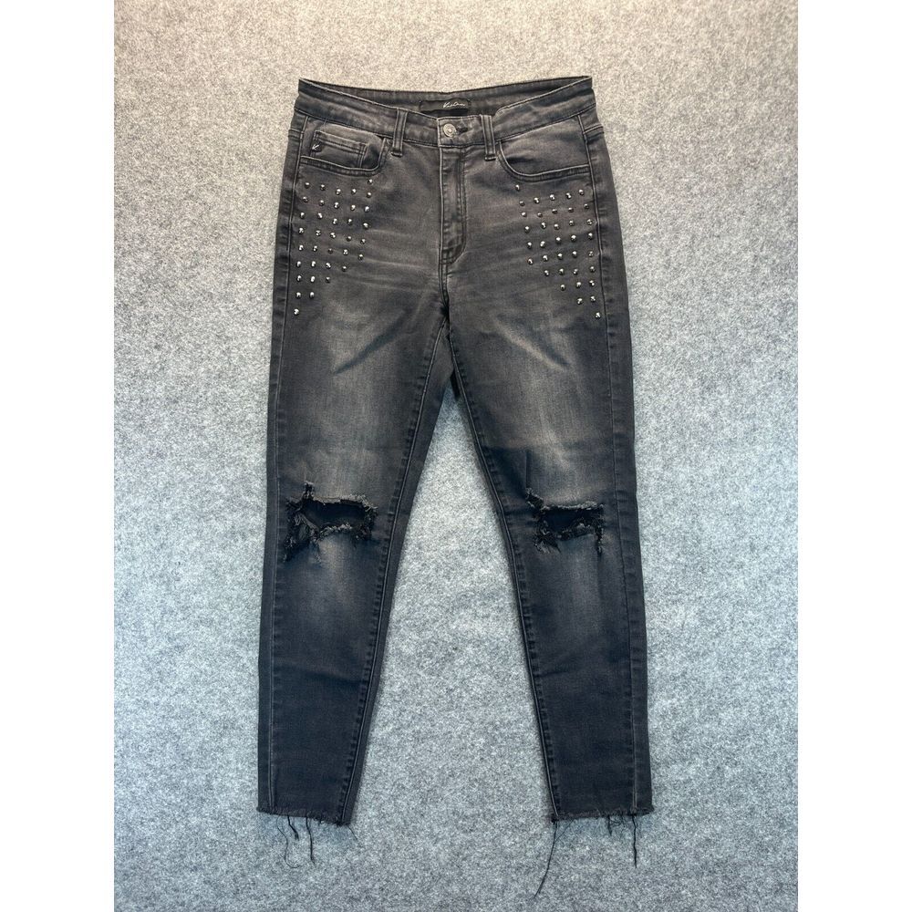 KanCan Jeans Women's 29 Skinny Black Stretch Raw Hem Distressed Embellished
